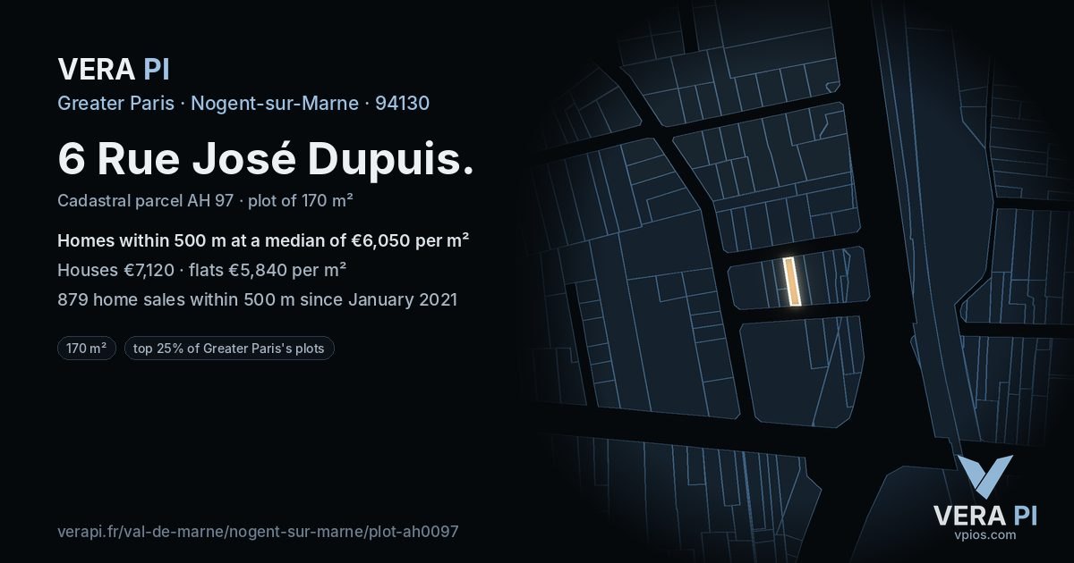 6 Rue José Dupuis, Nogent-sur-Marne at night – the plot lit, the parcels around coloured by the prices near them
