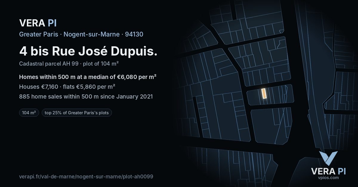 4 bis Rue José Dupuis, Nogent-sur-Marne at night – the plot lit, the parcels around coloured by the prices near them