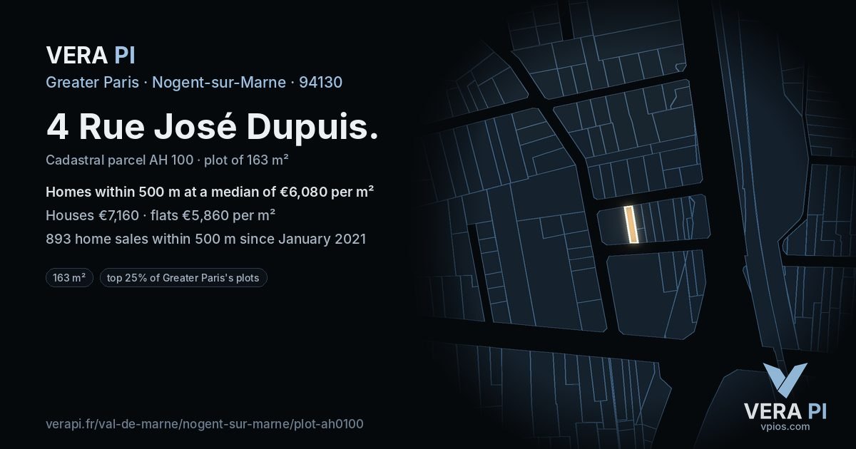 4 Rue José Dupuis, Nogent-sur-Marne at night – the plot lit, the parcels around coloured by the prices near them