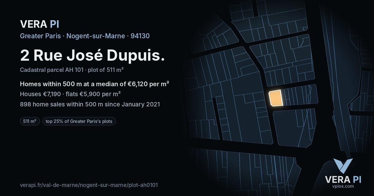 2 Rue José Dupuis, Nogent-sur-Marne at night – the plot lit, the parcels around coloured by the prices near them