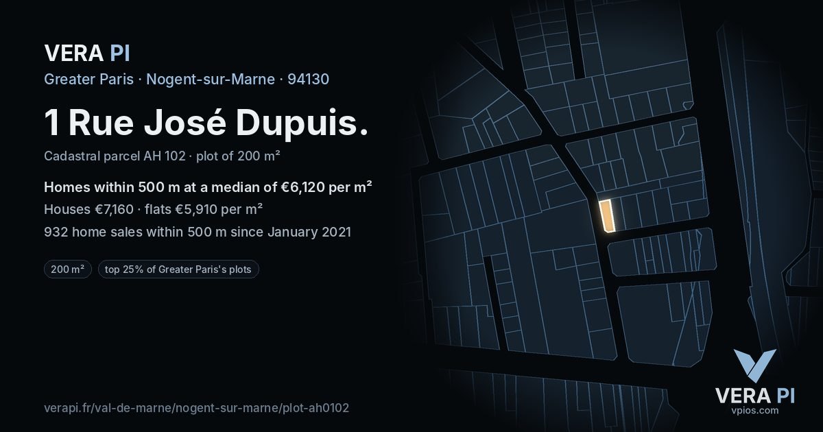 1 Rue José Dupuis, Nogent-sur-Marne at night – the plot lit, the parcels around coloured by the prices near them