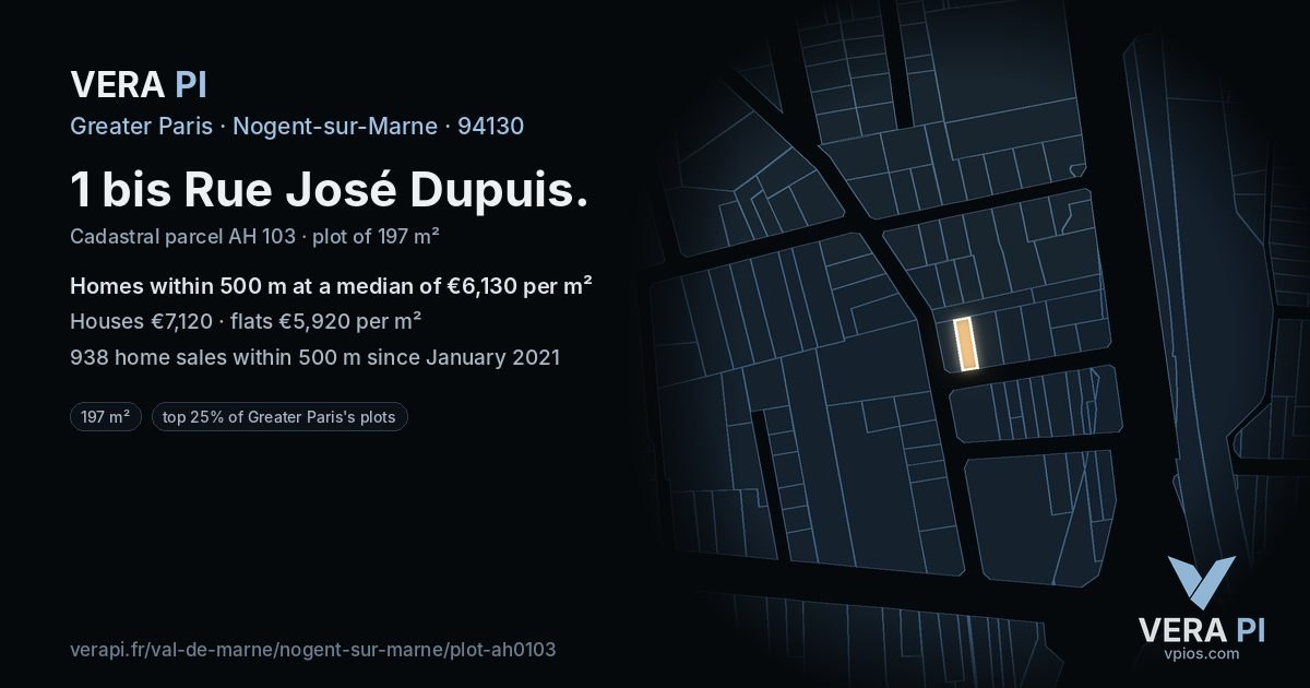 1 bis Rue José Dupuis, Nogent-sur-Marne at night – the plot lit, the parcels around coloured by the prices near them