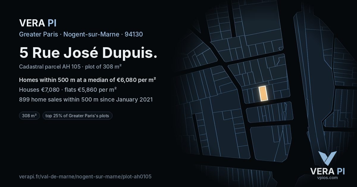 5 Rue José Dupuis, Nogent-sur-Marne at night – the plot lit, the parcels around coloured by the prices near them