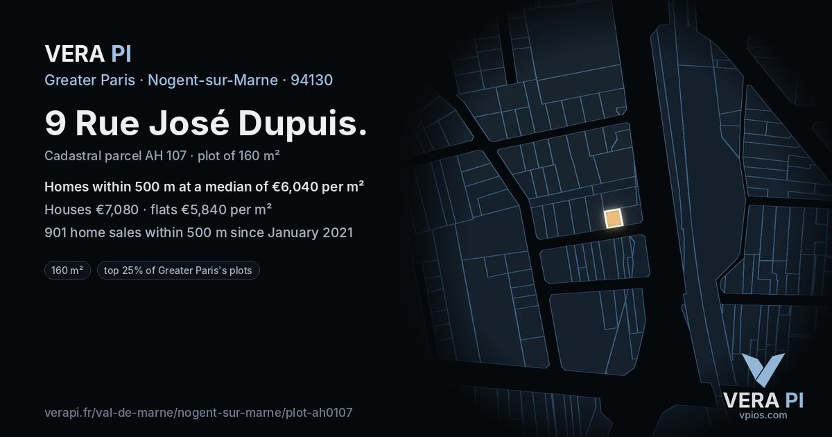 9 Rue José Dupuis, Nogent-sur-Marne at night – the plot lit, the parcels around coloured by the prices near them
