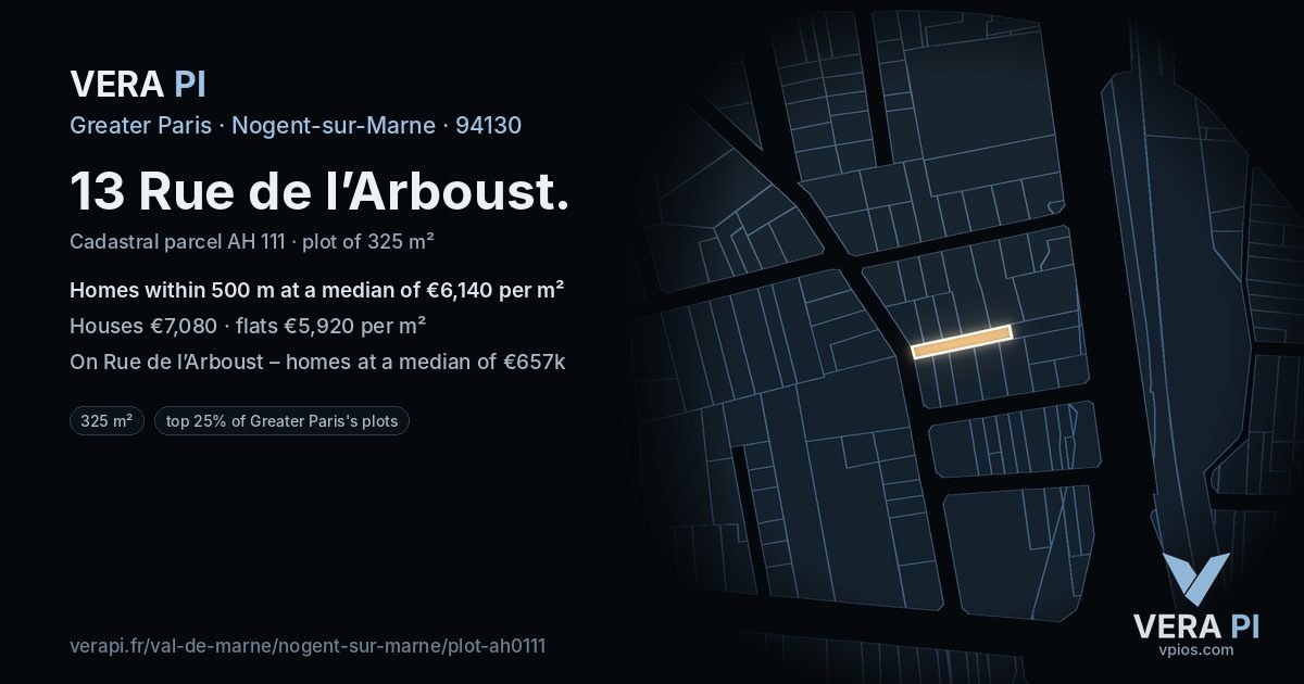 13 Rue de l’Arboust, Nogent-sur-Marne at night – the plot lit, the parcels around coloured by the prices near them