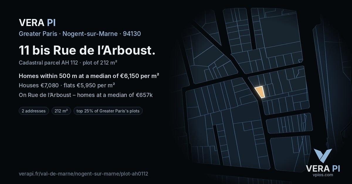11 bis Rue de l’Arboust, Nogent-sur-Marne at night – the plot lit, the parcels around coloured by the prices near them