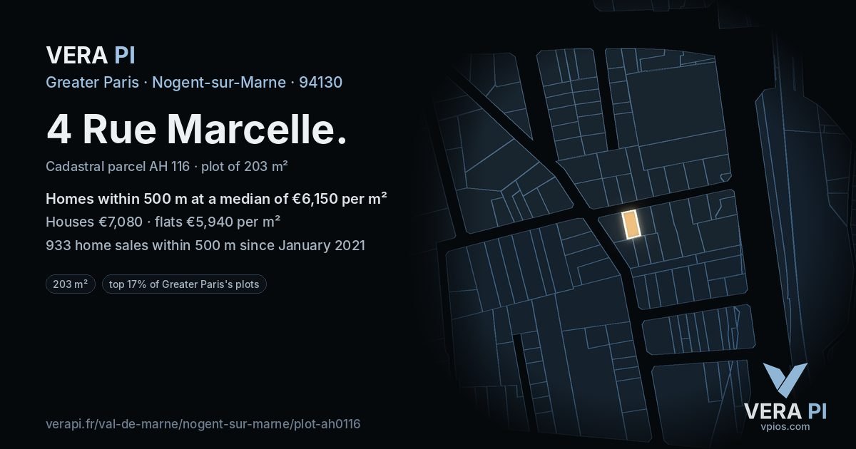 4 Rue Marcelle, Nogent-sur-Marne at night – the plot lit, the parcels around coloured by the prices near them