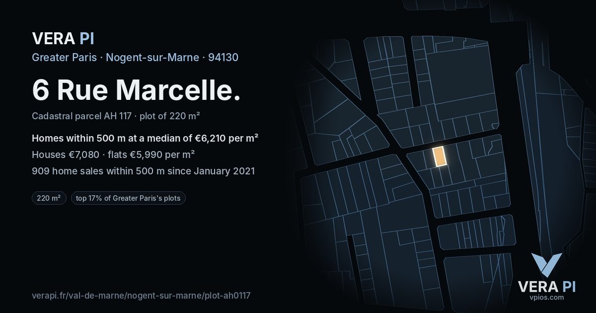 6 Rue Marcelle, Nogent-sur-Marne at night – the plot lit, the parcels around coloured by the prices near them