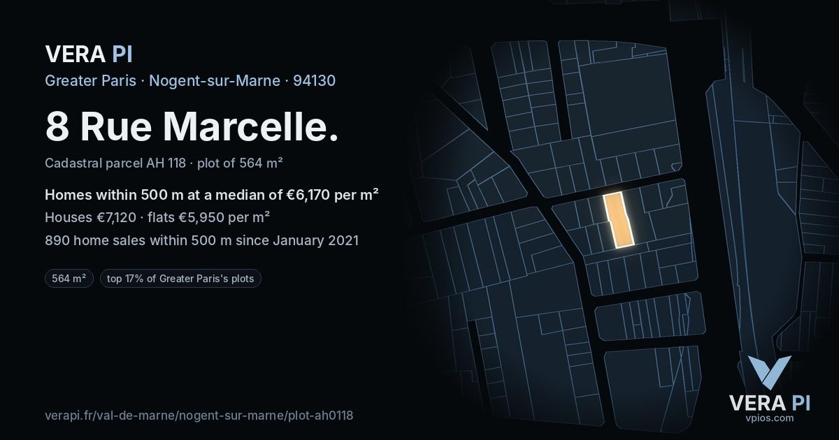 8 Rue Marcelle, Nogent-sur-Marne at night – the plot lit, the parcels around coloured by the prices near them