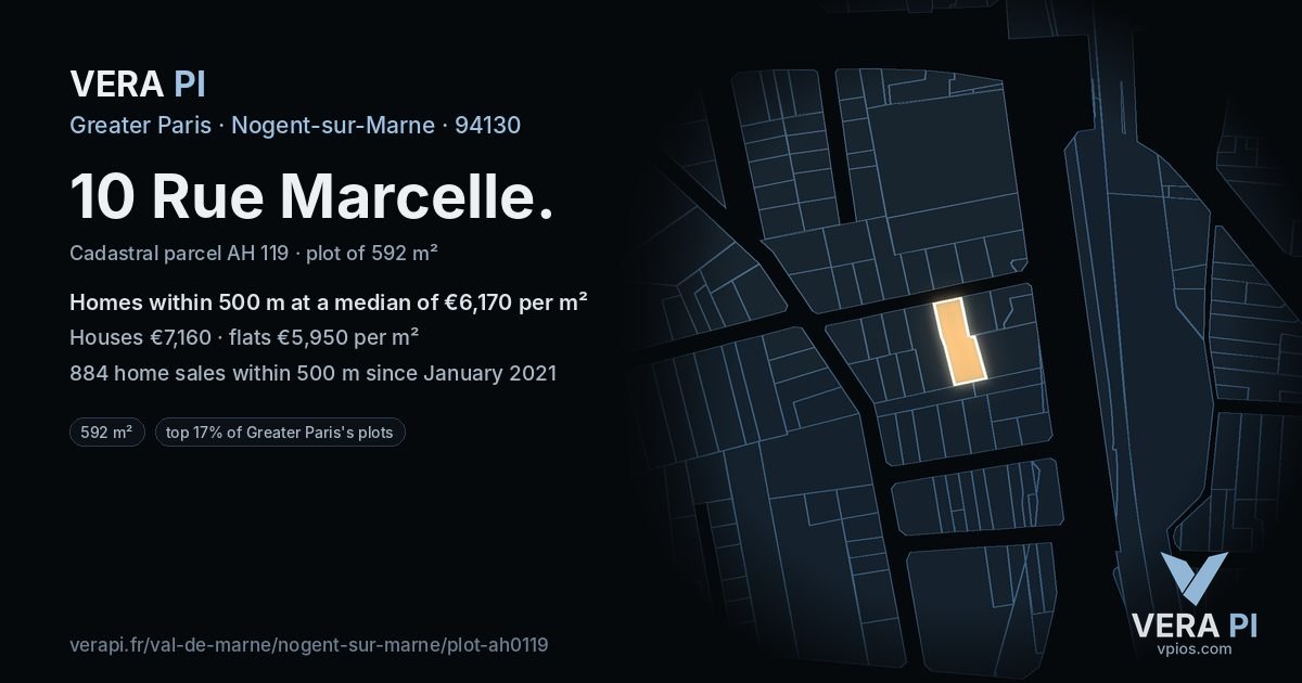 10 Rue Marcelle, Nogent-sur-Marne at night – the plot lit, the parcels around coloured by the prices near them