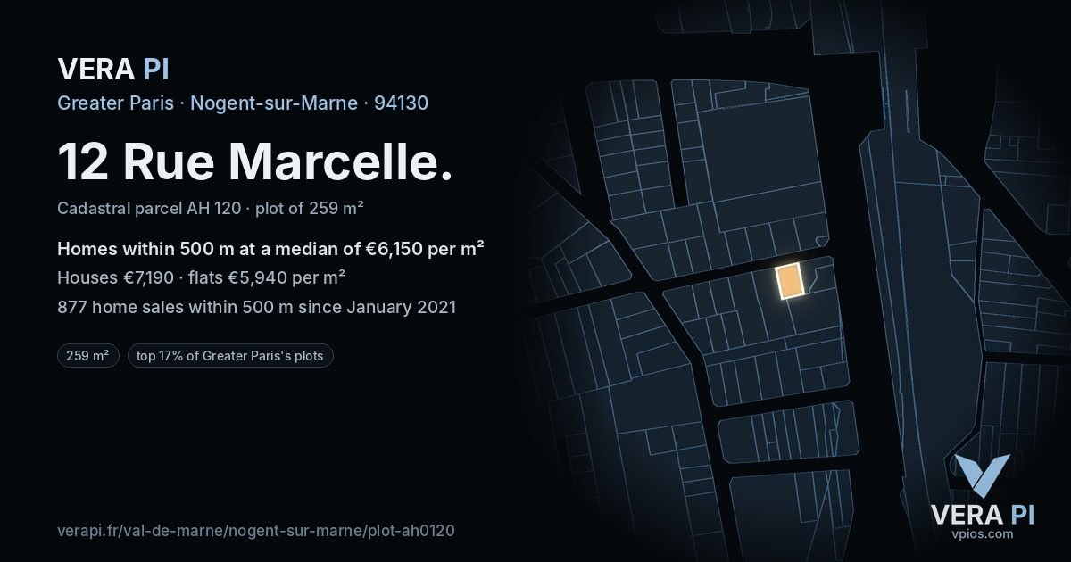 12 Rue Marcelle, Nogent-sur-Marne at night – the plot lit, the parcels around coloured by the prices near them