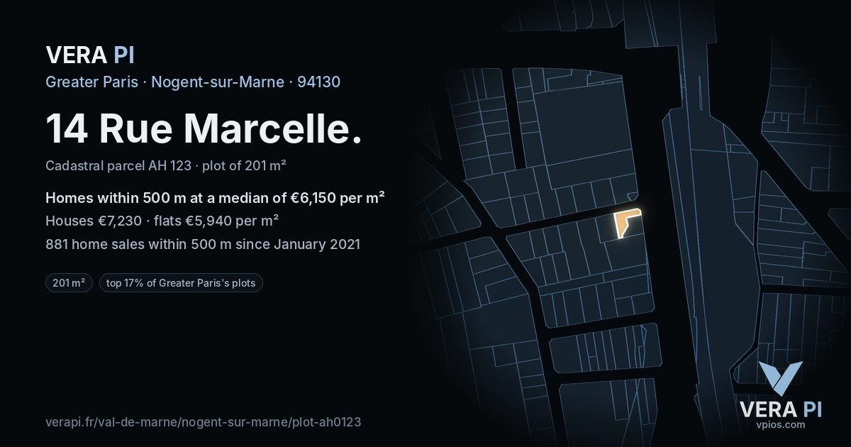 14 Rue Marcelle, Nogent-sur-Marne at night – the plot lit, the parcels around coloured by the prices near them