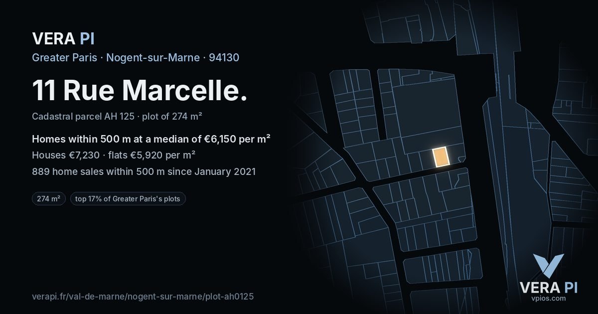 11 Rue Marcelle, Nogent-sur-Marne at night – the plot lit, the parcels around coloured by the prices near them