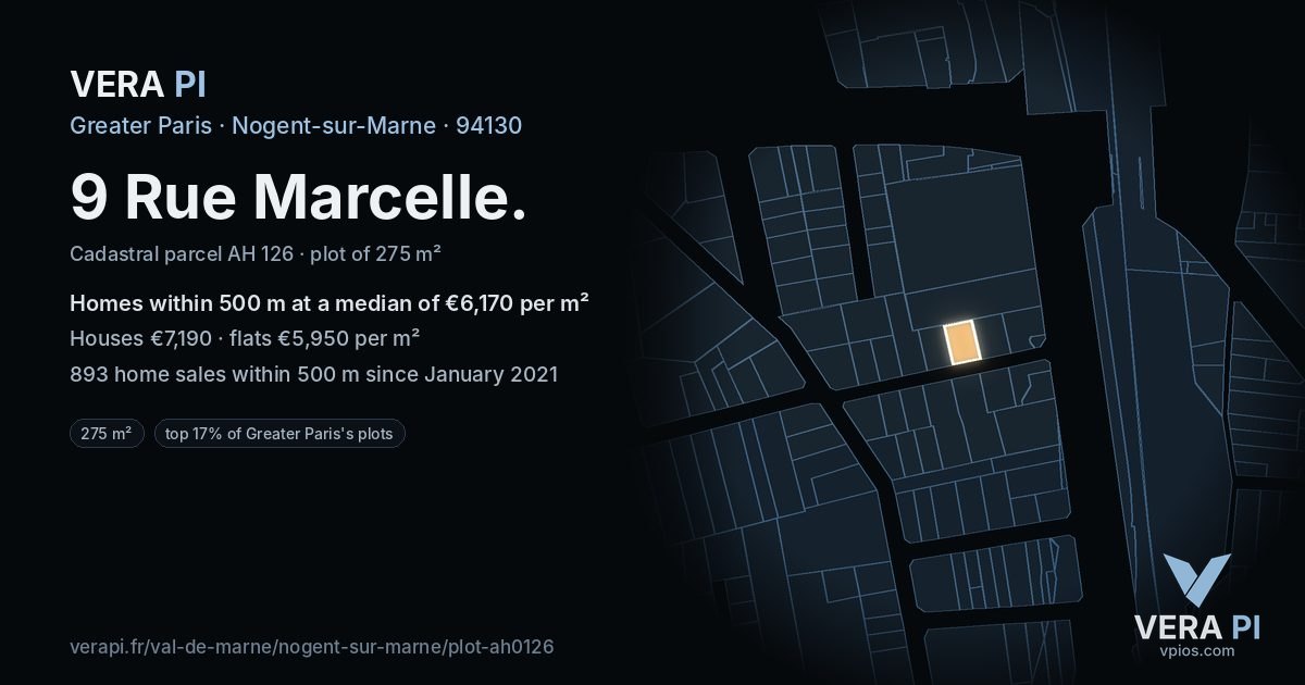 9 Rue Marcelle, Nogent-sur-Marne at night – the plot lit, the parcels around coloured by the prices near them