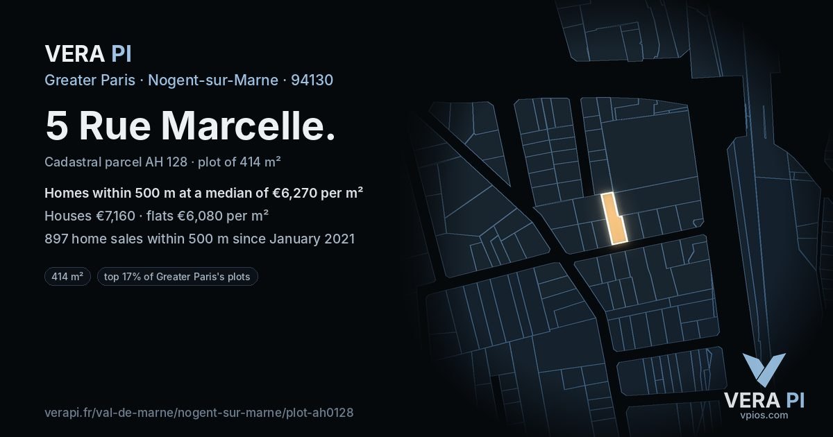 5 Rue Marcelle, Nogent-sur-Marne at night – the plot lit, the parcels around coloured by the prices near them