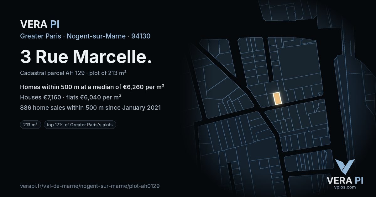 3 Rue Marcelle, Nogent-sur-Marne at night – the plot lit, the parcels around coloured by the prices near them