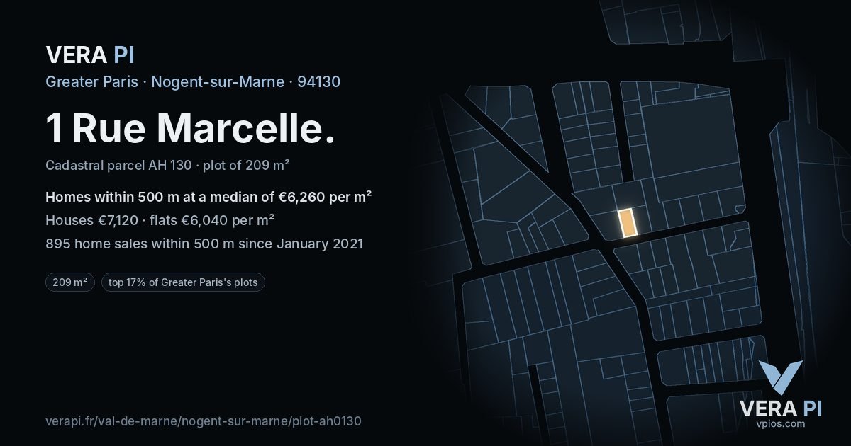 1 Rue Marcelle, Nogent-sur-Marne at night – the plot lit, the parcels around coloured by the prices near them
