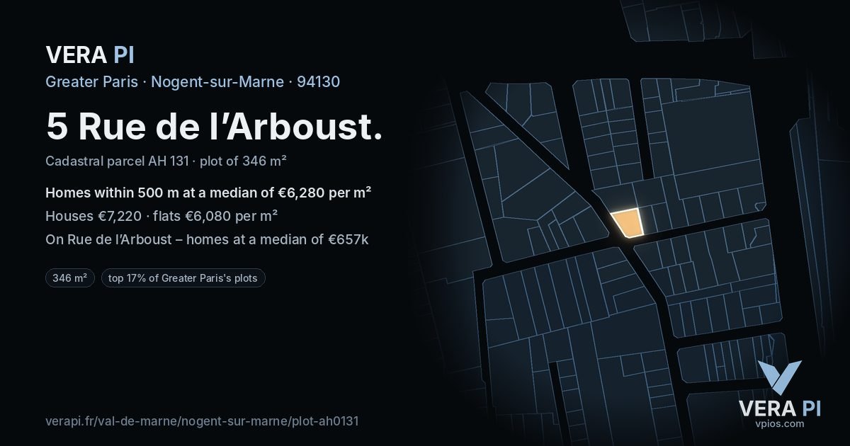 5 Rue de l’Arboust, Nogent-sur-Marne at night – the plot lit, the parcels around coloured by the prices near them