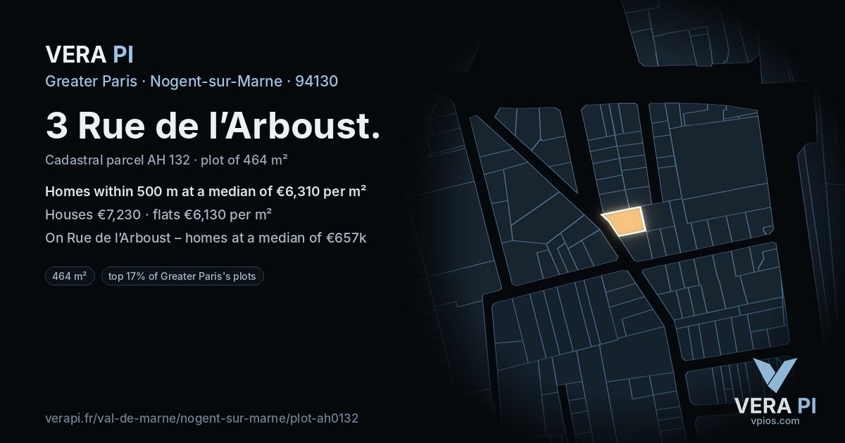 3 Rue de l’Arboust, Nogent-sur-Marne at night – the plot lit, the parcels around coloured by the prices near them