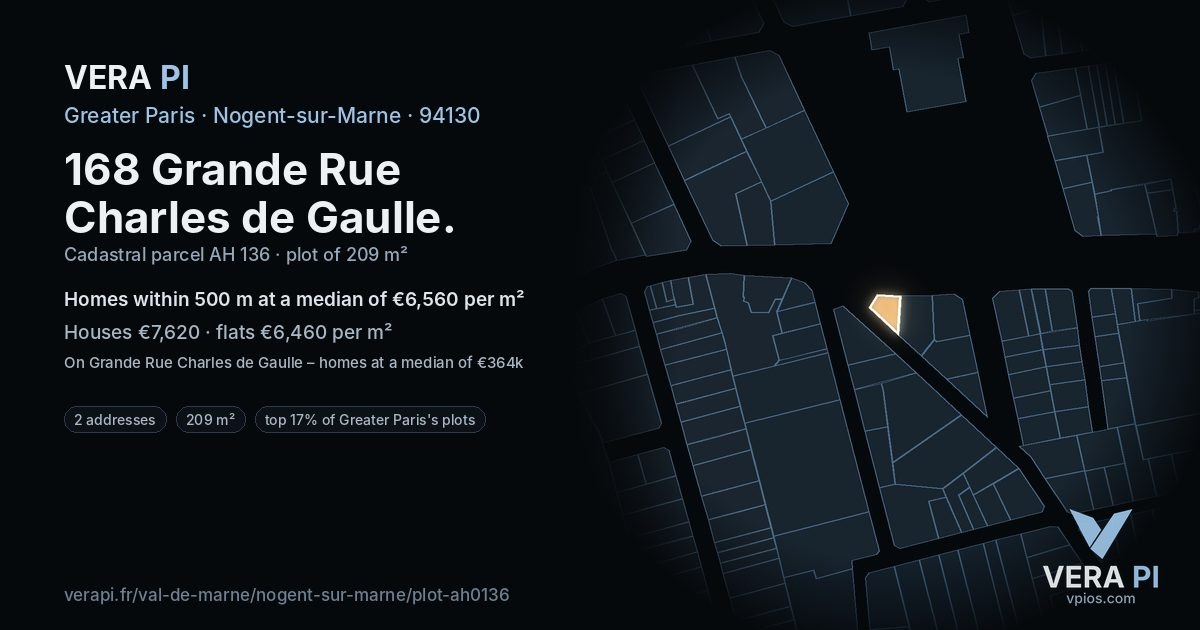 168 Grande Rue Charles de Gaulle, Nogent-sur-Marne at night – the plot lit, the parcels around coloured by the prices near them