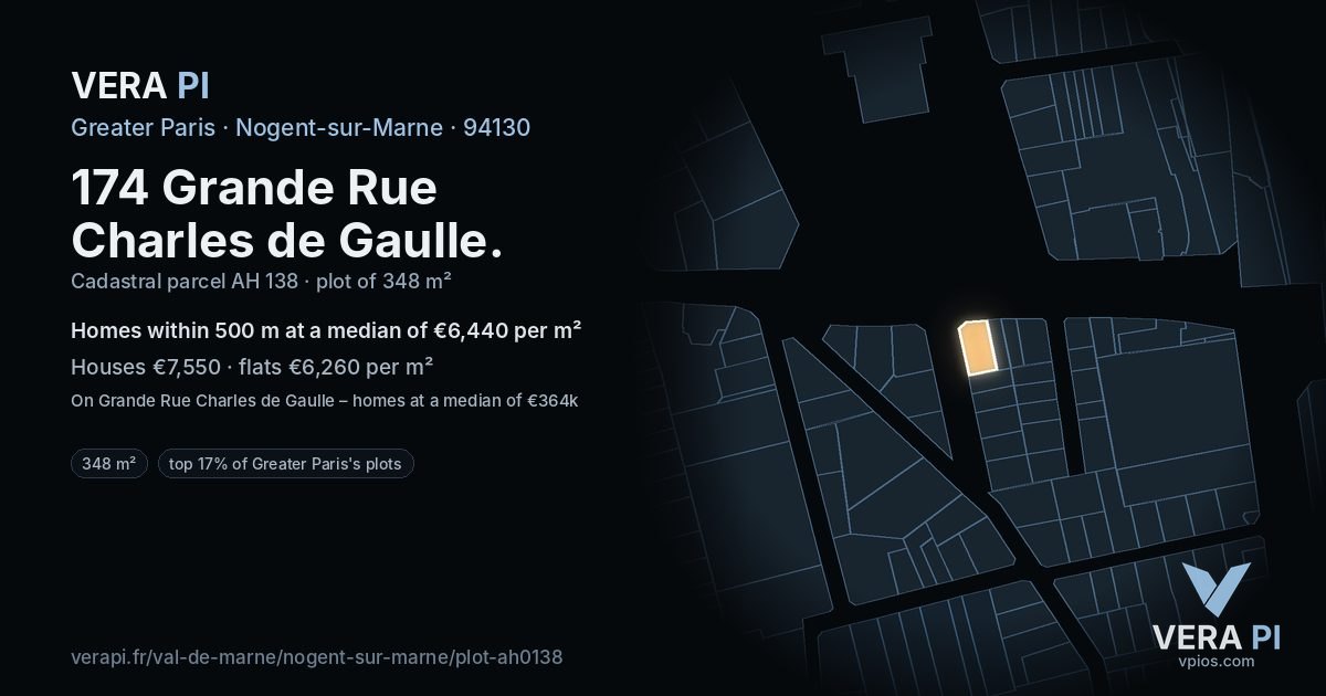 174 Grande Rue Charles de Gaulle, Nogent-sur-Marne at night – the plot lit, the parcels around coloured by the prices near them