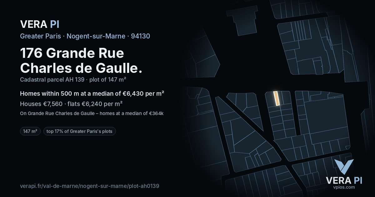 176 Grande Rue Charles de Gaulle, Nogent-sur-Marne at night – the plot lit, the parcels around coloured by the prices near them