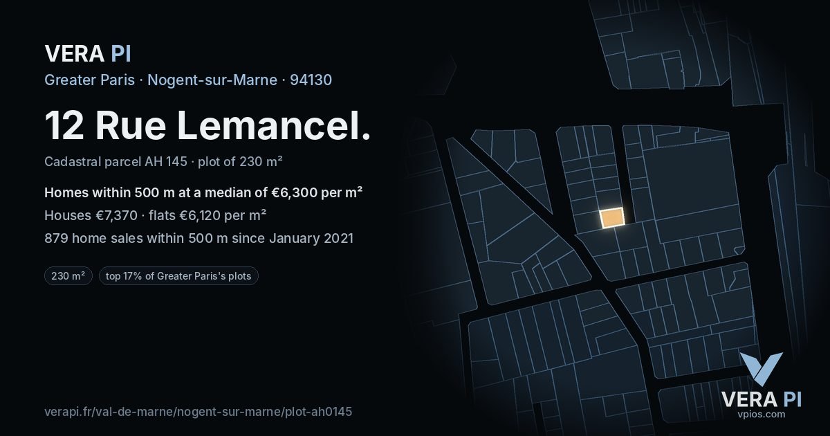 12 Rue Lemancel, Nogent-sur-Marne at night – the plot lit, the parcels around coloured by the prices near them