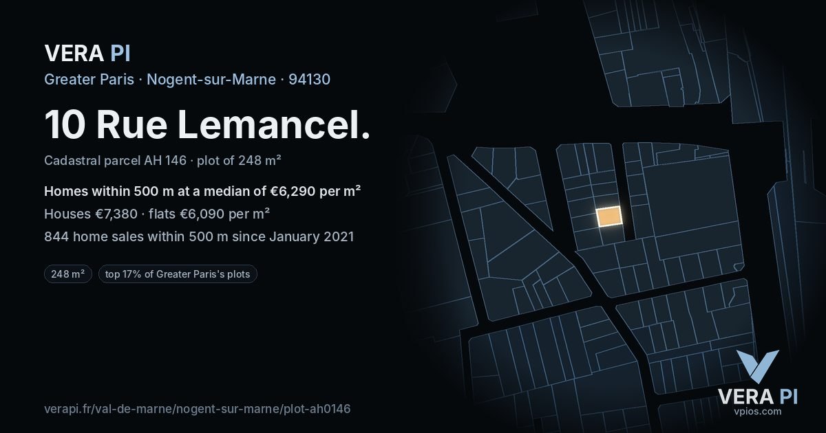 10 Rue Lemancel, Nogent-sur-Marne at night – the plot lit, the parcels around coloured by the prices near them