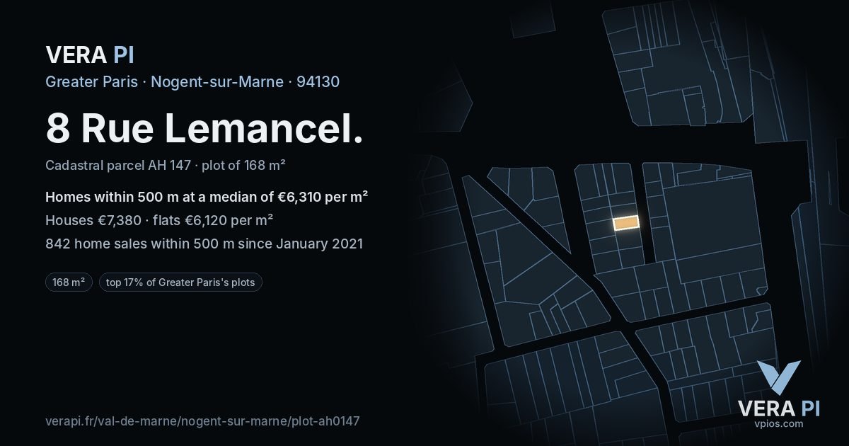 8 Rue Lemancel, Nogent-sur-Marne at night – the plot lit, the parcels around coloured by the prices near them