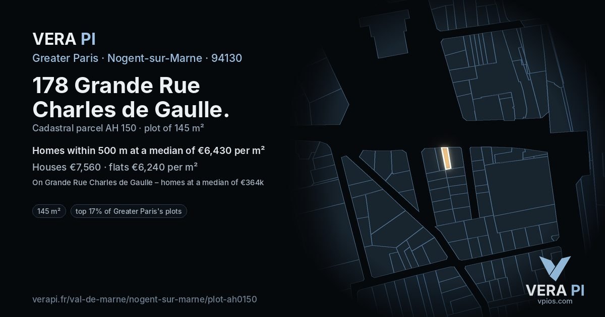178 Grande Rue Charles de Gaulle, Nogent-sur-Marne at night – the plot lit, the parcels around coloured by the prices near them
