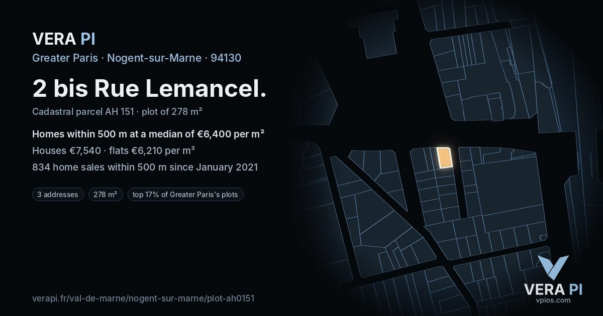 2 bis Rue Lemancel, Nogent-sur-Marne at night – the plot lit, the parcels around coloured by the prices near them
