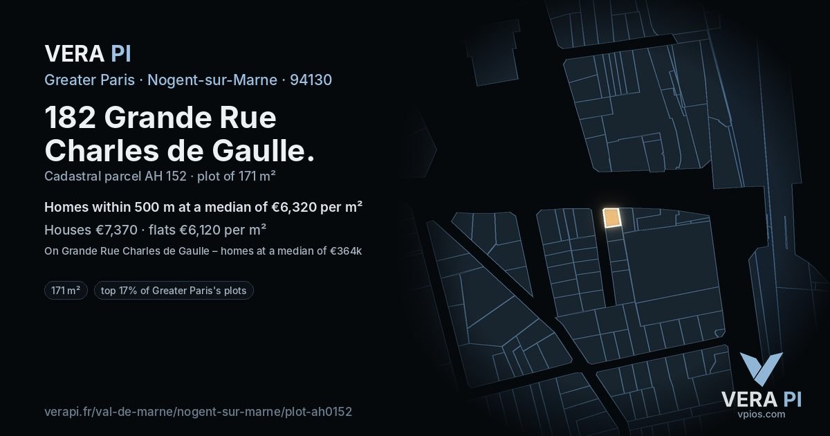 182 Grande Rue Charles de Gaulle, Nogent-sur-Marne at night – the plot lit, the parcels around coloured by the prices near them