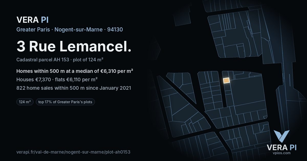 3 Rue Lemancel, Nogent-sur-Marne at night – the plot lit, the parcels around coloured by the prices near them