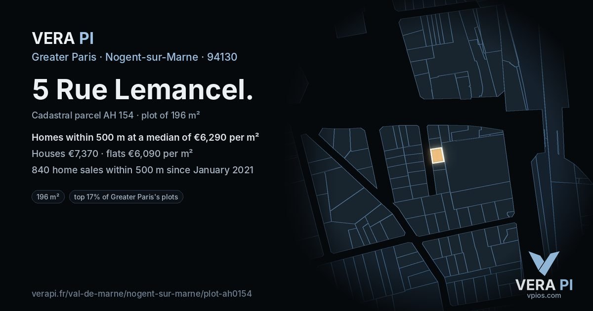 5 Rue Lemancel, Nogent-sur-Marne at night – the plot lit, the parcels around coloured by the prices near them