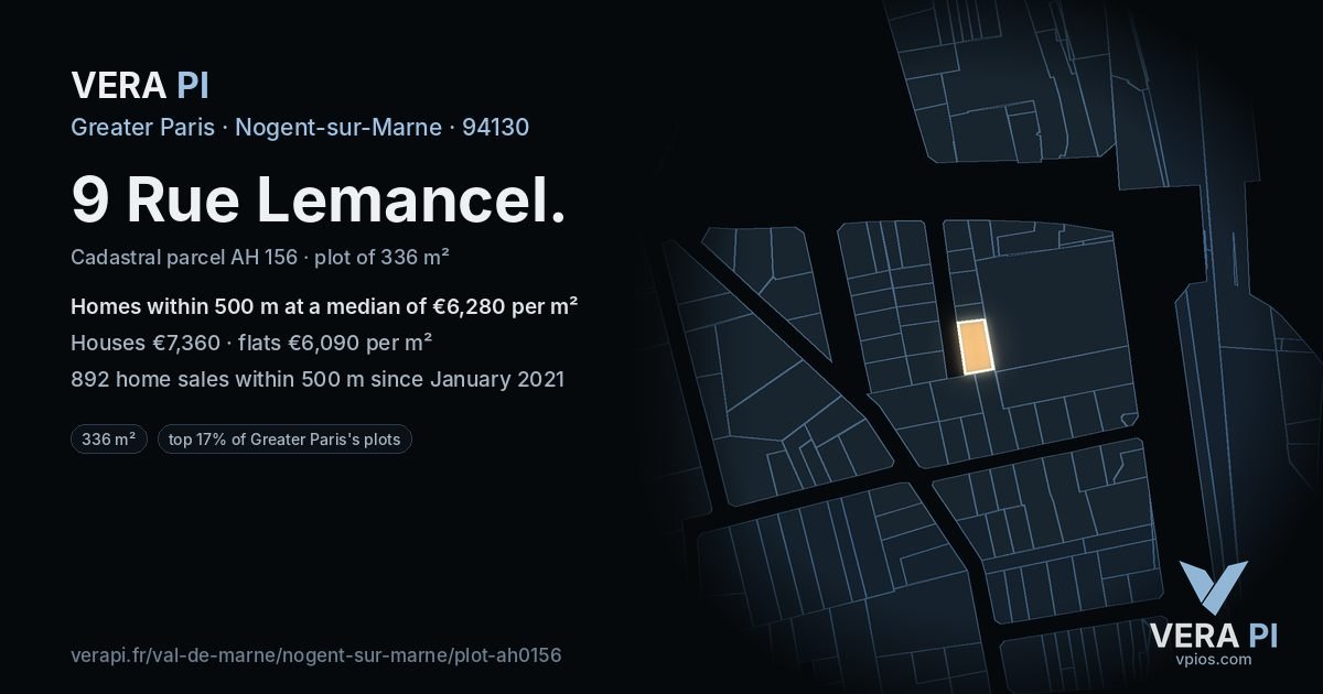 9 Rue Lemancel, Nogent-sur-Marne at night – the plot lit, the parcels around coloured by the prices near them