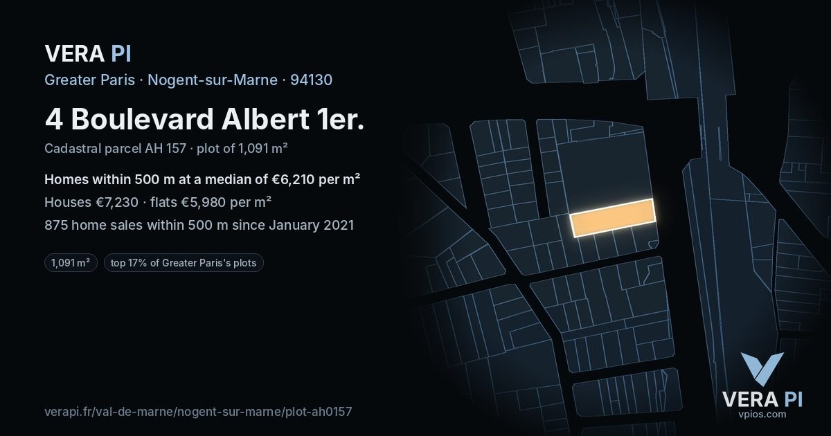 4 Boulevard Albert 1er, Nogent-sur-Marne at night – the plot lit, the parcels around coloured by the prices near them