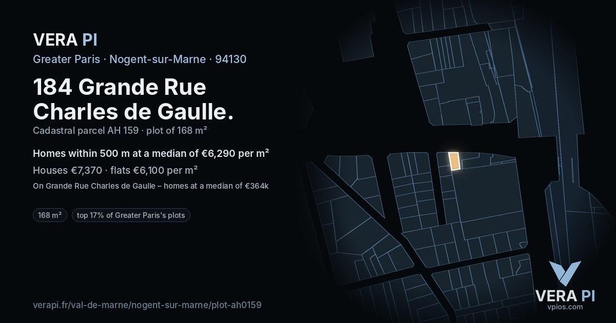 184 Grande Rue Charles de Gaulle, Nogent-sur-Marne at night – the plot lit, the parcels around coloured by the prices near them