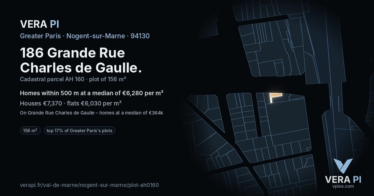186 Grande Rue Charles de Gaulle, Nogent-sur-Marne at night – the plot lit, the parcels around coloured by the prices near them