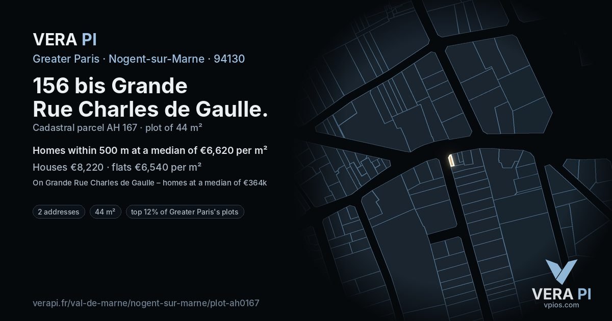 156 bis Grande Rue Charles de Gaulle, Nogent-sur-Marne at night – the plot lit, the parcels around coloured by the prices near them