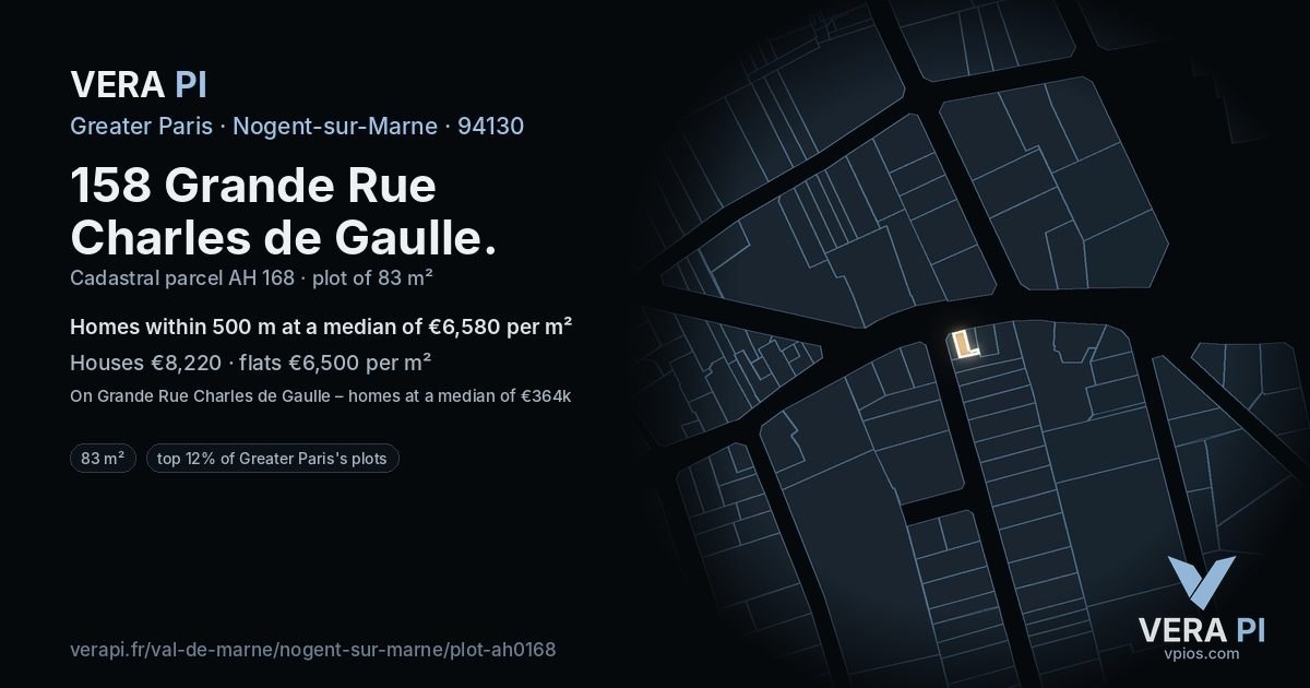 158 Grande Rue Charles de Gaulle, Nogent-sur-Marne at night – the plot lit, the parcels around coloured by the prices near them