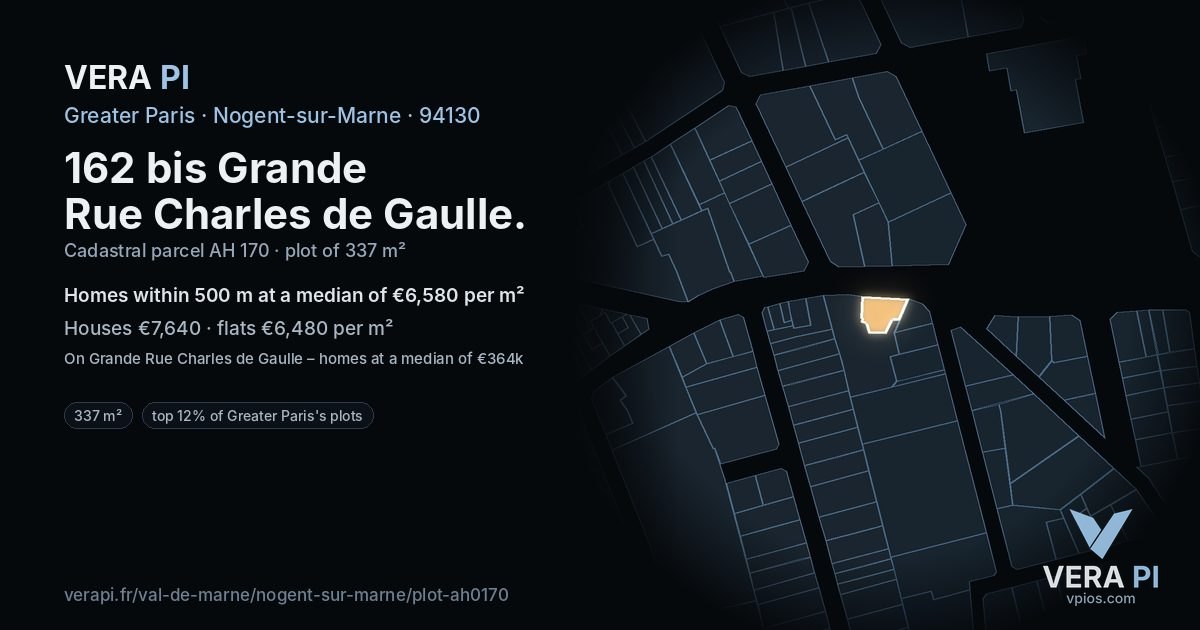 162 bis Grande Rue Charles de Gaulle, Nogent-sur-Marne at night – the plot lit, the parcels around coloured by the prices near them