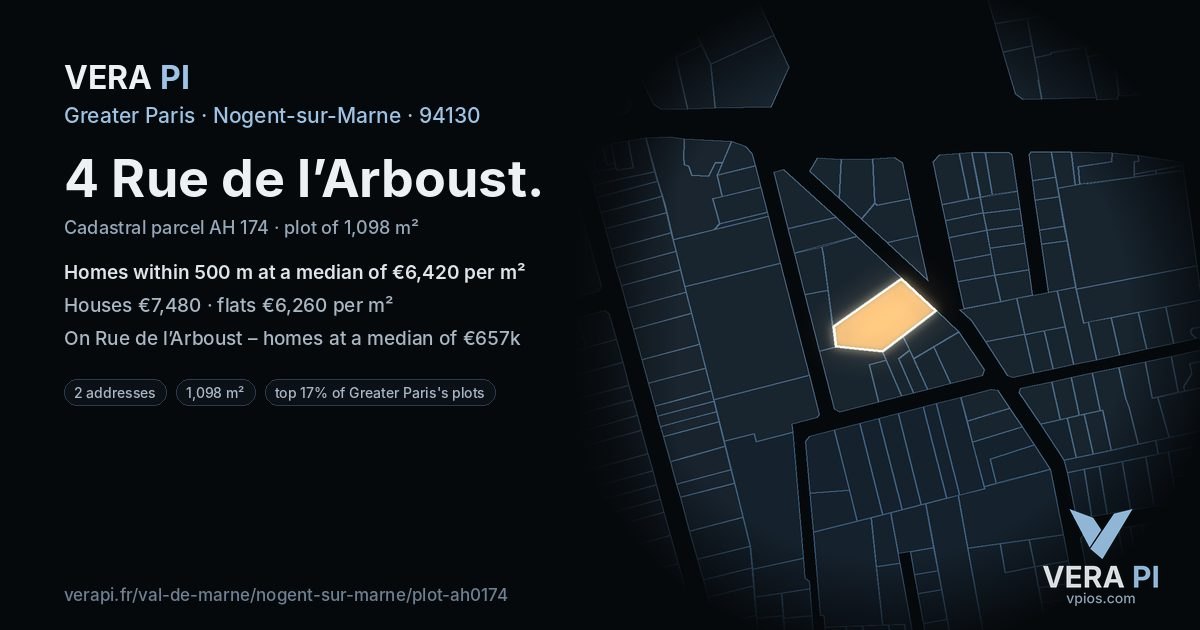 4 Rue de l’Arboust, Nogent-sur-Marne at night – the plot lit, the parcels around coloured by the prices near them