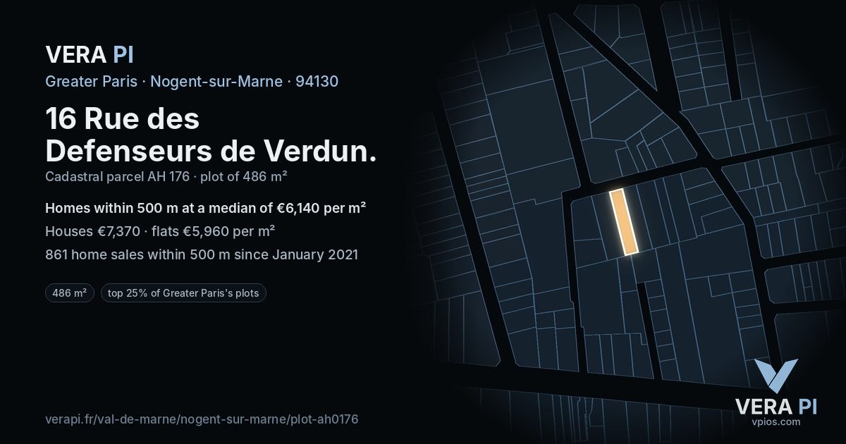 16 Rue des Defenseurs de Verdun, Nogent-sur-Marne at night – the plot lit, the parcels around coloured by the prices near them