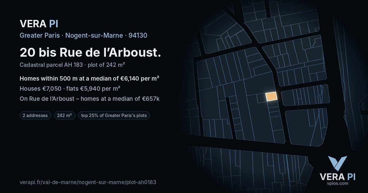 20 bis Rue de l’Arboust, Nogent-sur-Marne at night – the plot lit, the parcels around coloured by the prices near them