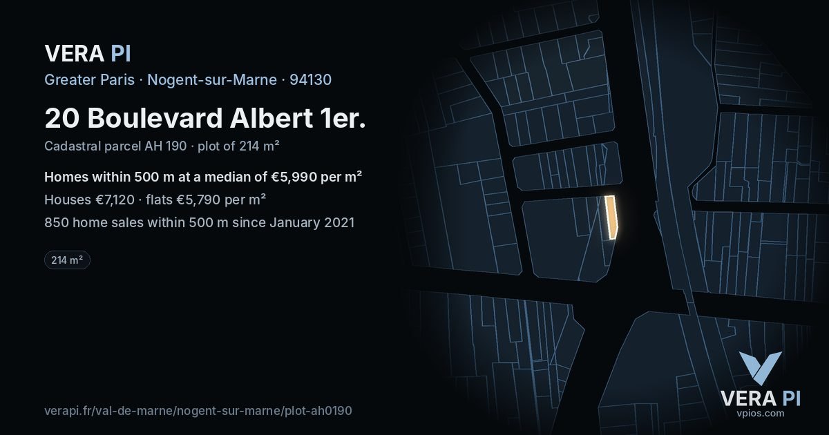 20 Boulevard Albert 1er, Nogent-sur-Marne at night – the plot lit, the parcels around coloured by the prices near them