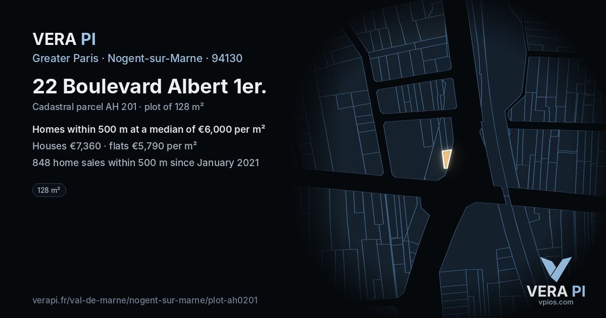 22 Boulevard Albert 1er, Nogent-sur-Marne at night – the plot lit, the parcels around coloured by the prices near them