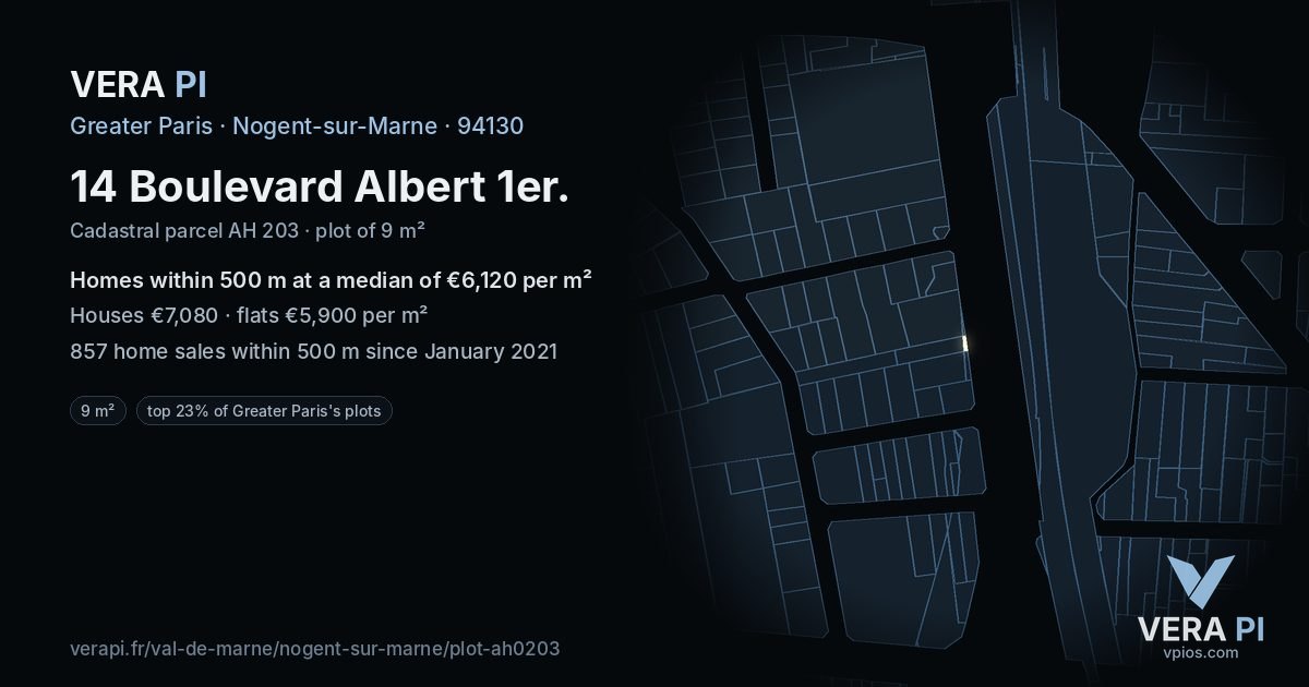 14 Boulevard Albert 1er, Nogent-sur-Marne at night – the plot lit, the parcels around coloured by the prices near them