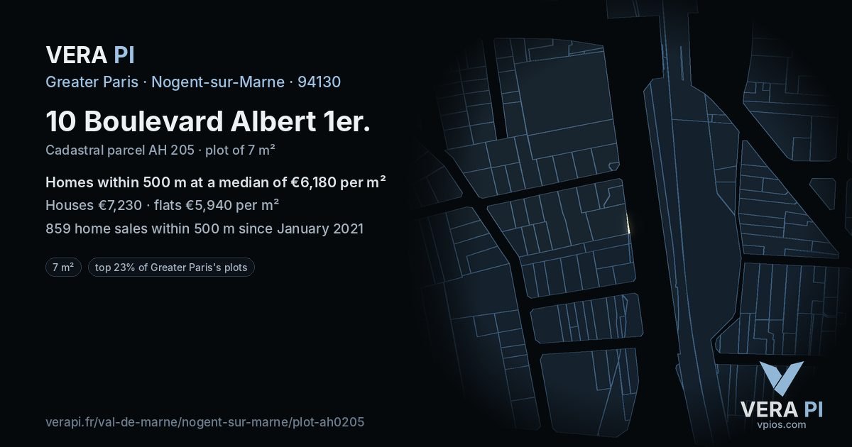 10 Boulevard Albert 1er, Nogent-sur-Marne at night – the plot lit, the parcels around coloured by the prices near them