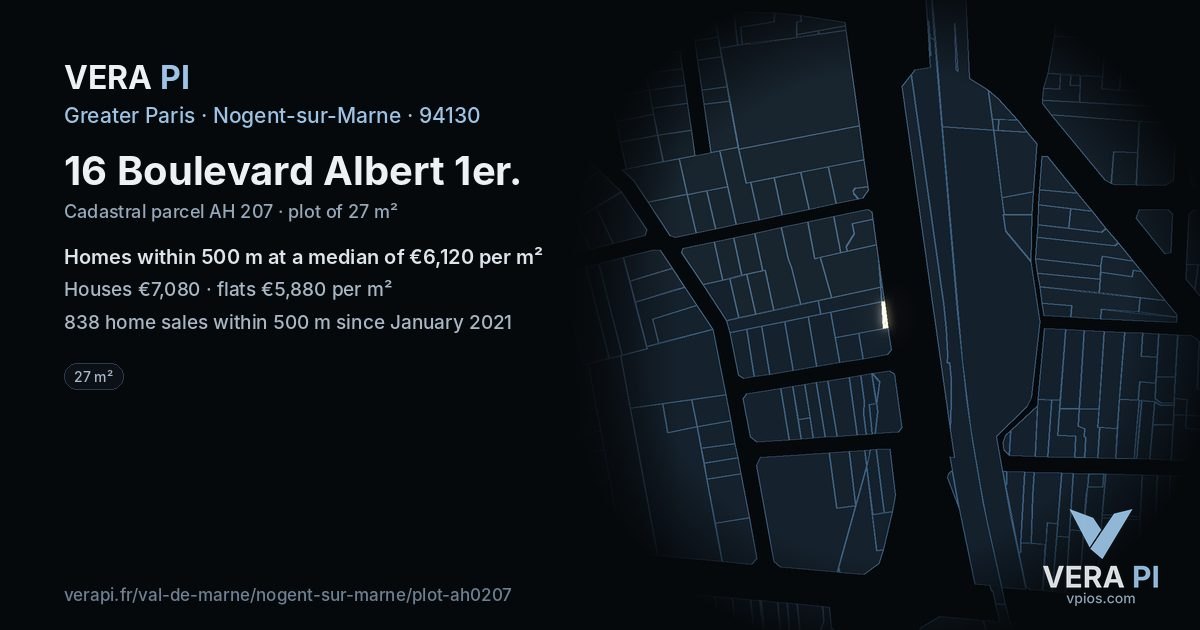 16 Boulevard Albert 1er, Nogent-sur-Marne at night – the plot lit, the parcels around coloured by the prices near them