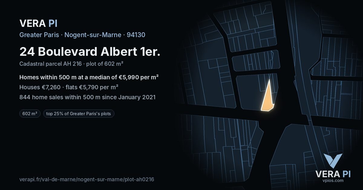 24 Boulevard Albert 1er, Nogent-sur-Marne at night – the plot lit, the parcels around coloured by the prices near them